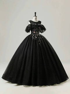 A-Line Round Neck Tulle Lace Black Long Prom Dress, Black Long Sweet 16 Dress