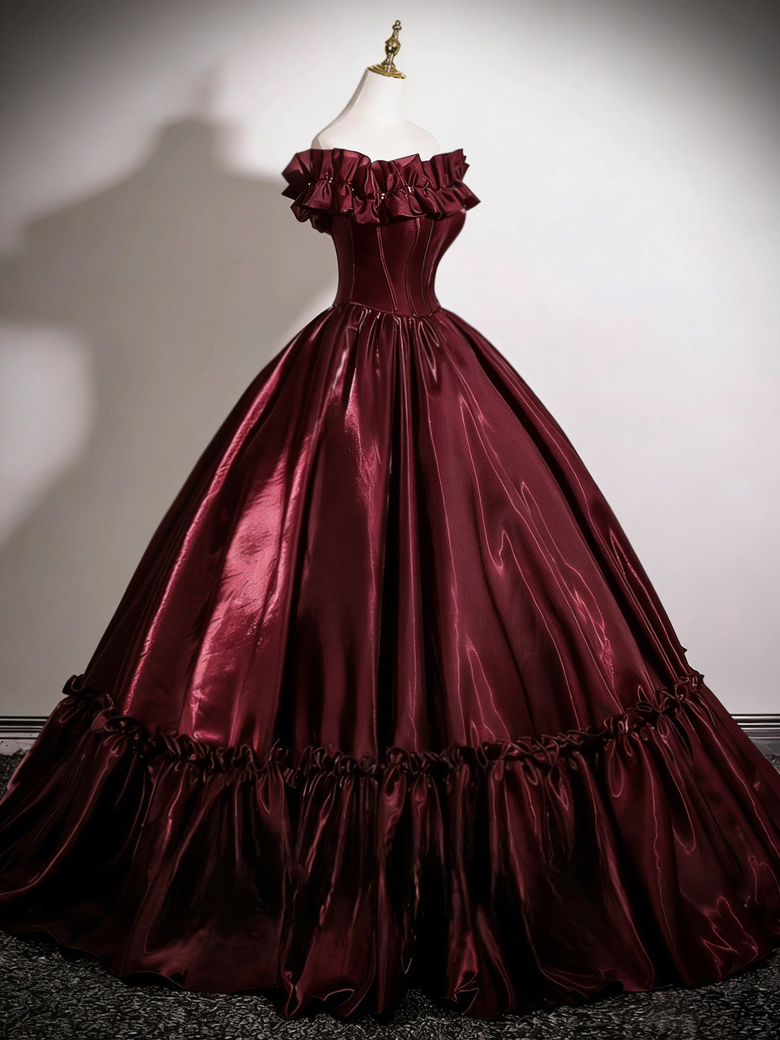 A-Line Off Shoulder Satin Floor Length Burgundy Prom Dress
