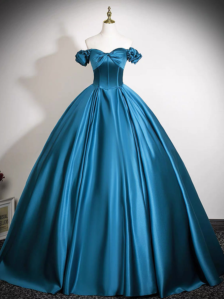A-Line Sweetheart Neck Off Shoulder Satin Floor Length Blue Long Evening Dress