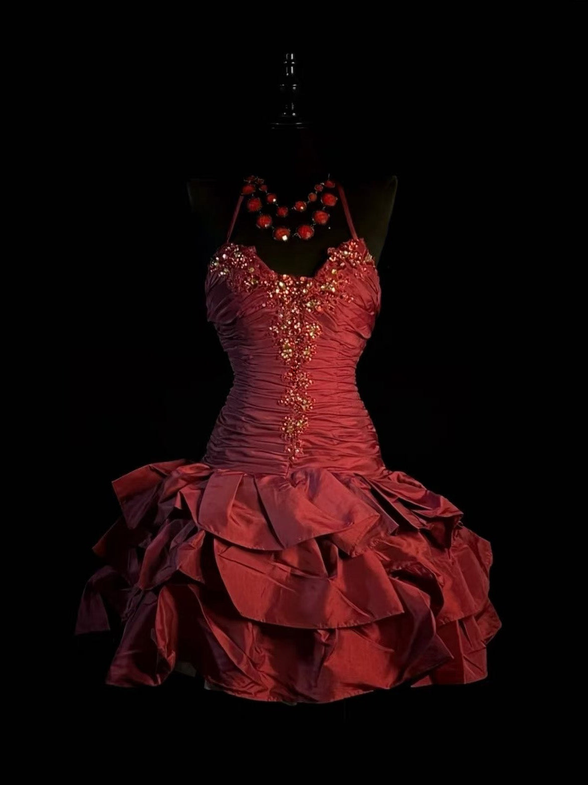 Burgundy Halter Ruched Lace Applique Tiered Ruffle Short Prom Dress