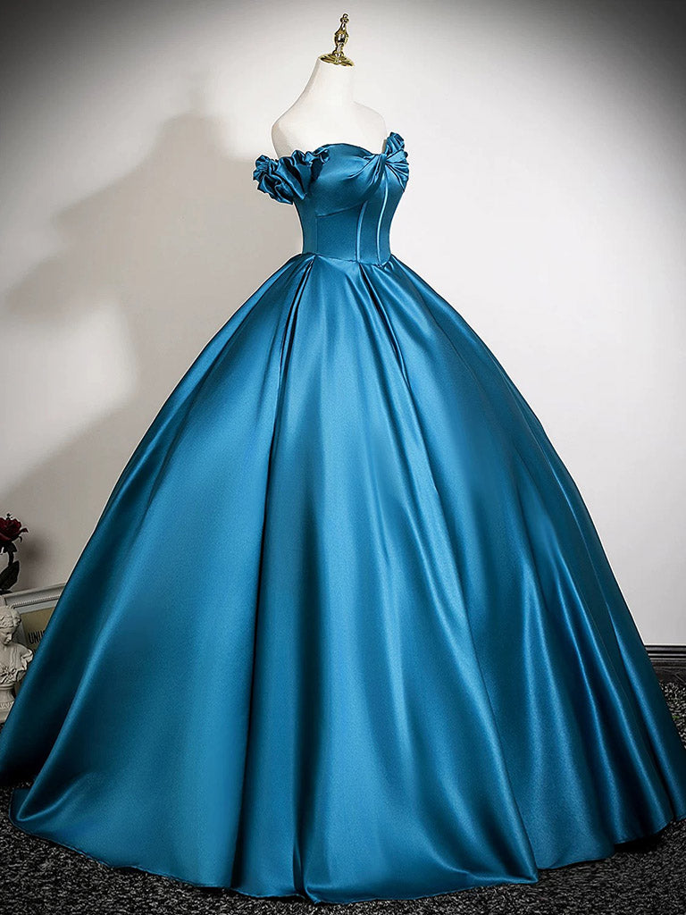 A-Line Sweetheart Neck Off Shoulder Satin Floor Length Blue Long Evening Dress