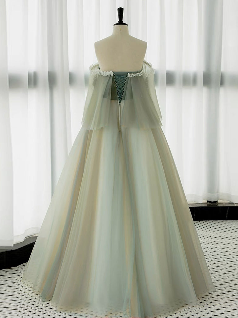 A-Line Green Tulle Lace Long Prom Dress, Green Tulle Lace Long Formal Dress