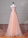A-Line Sweetheart Neck Floor-Length Tulle Pink Long Prom Dress With Beads