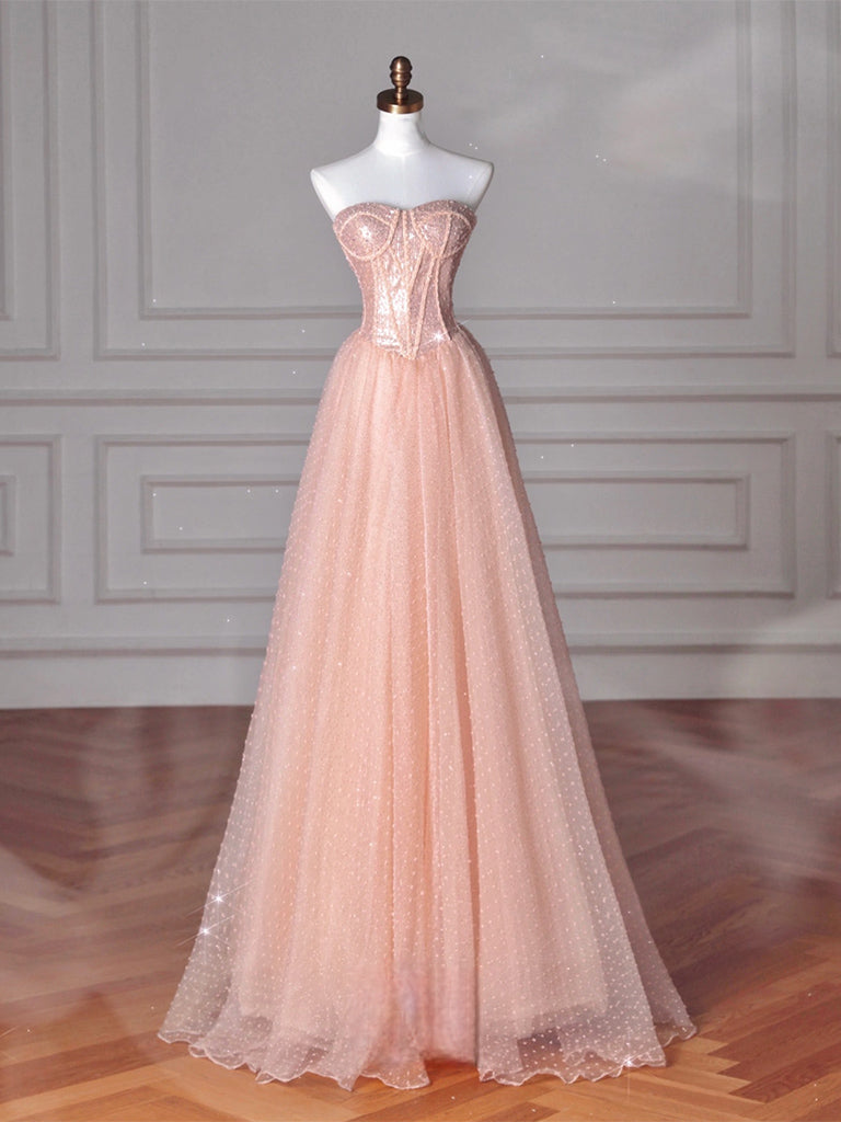 A-Line Sweetheart Neck Floor-Length Tulle Pink Long Prom Dress With Beads