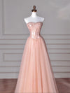 A-Line Sweetheart Neck Floor-Length Tulle Pink Long Prom Dress With Beads