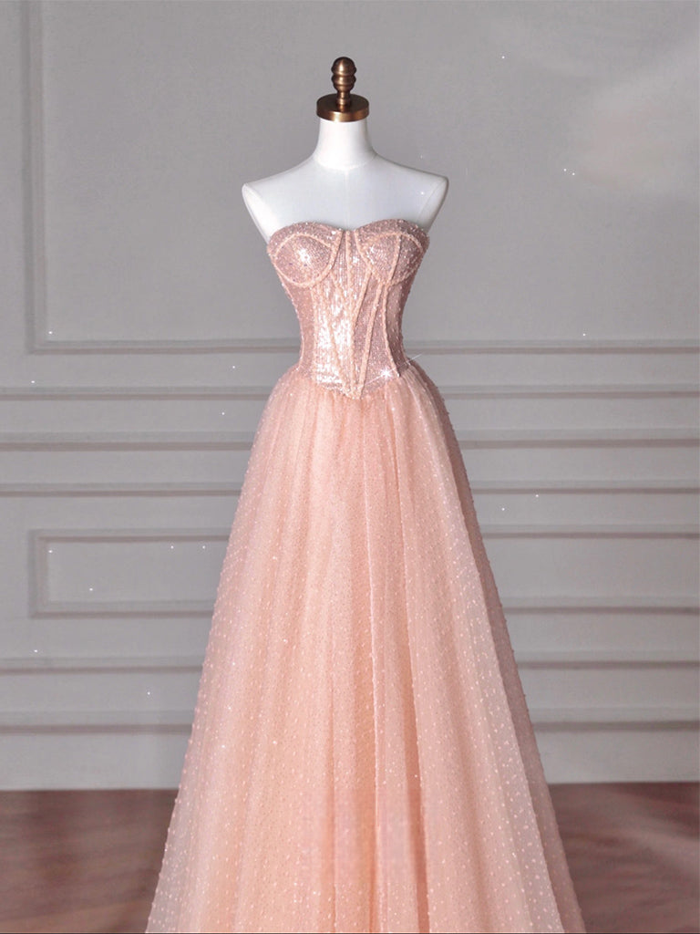 A-Line Sweetheart Neck Floor-Length Tulle Pink Long Prom Dress With Beads