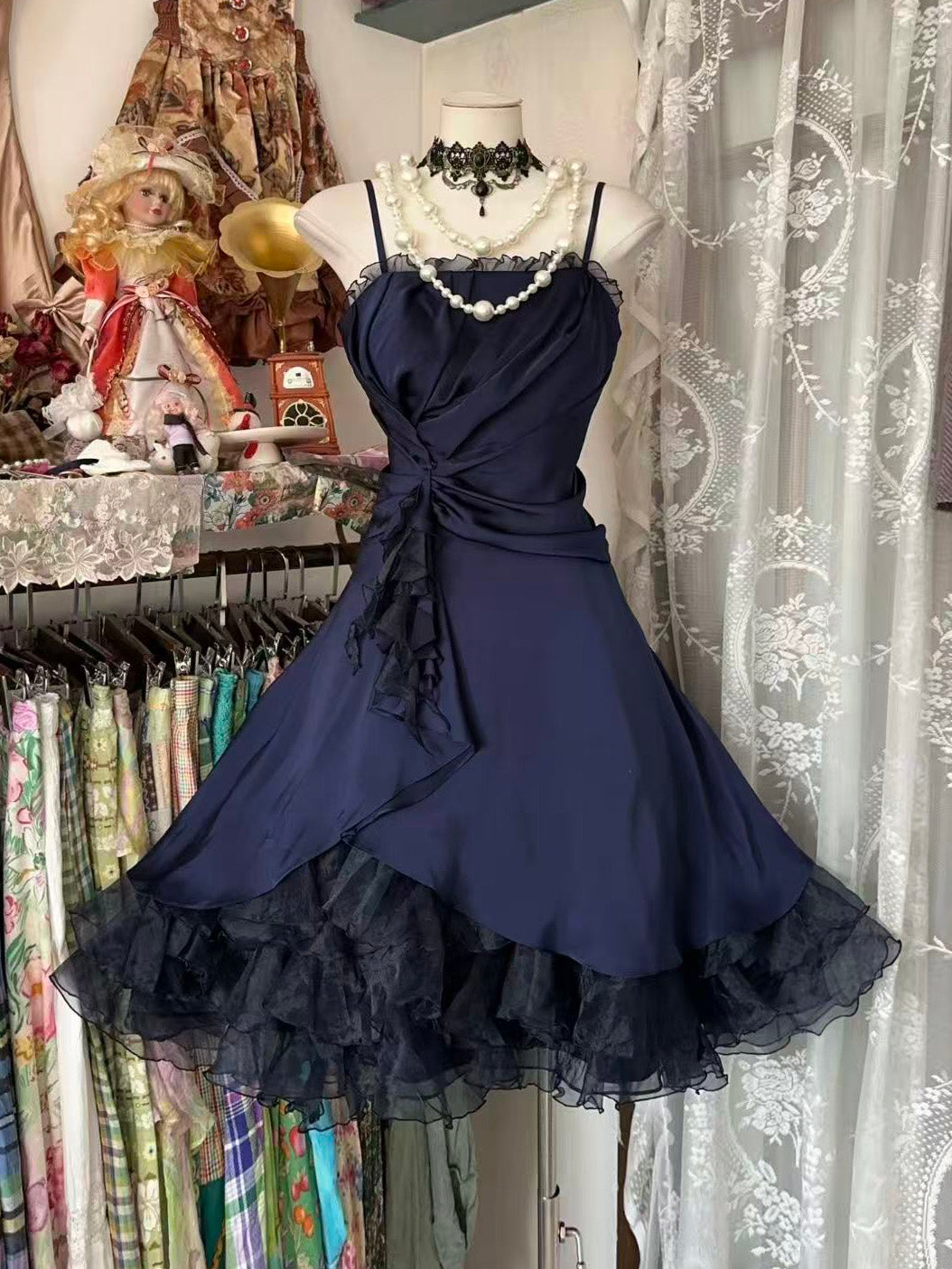 A-line Organza Dark Blue Short Prom Dress, Dark Blue Homecoming Dress