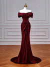 Mermaid Off Shoulder Sweep Train Burgundy Long Prom Dress