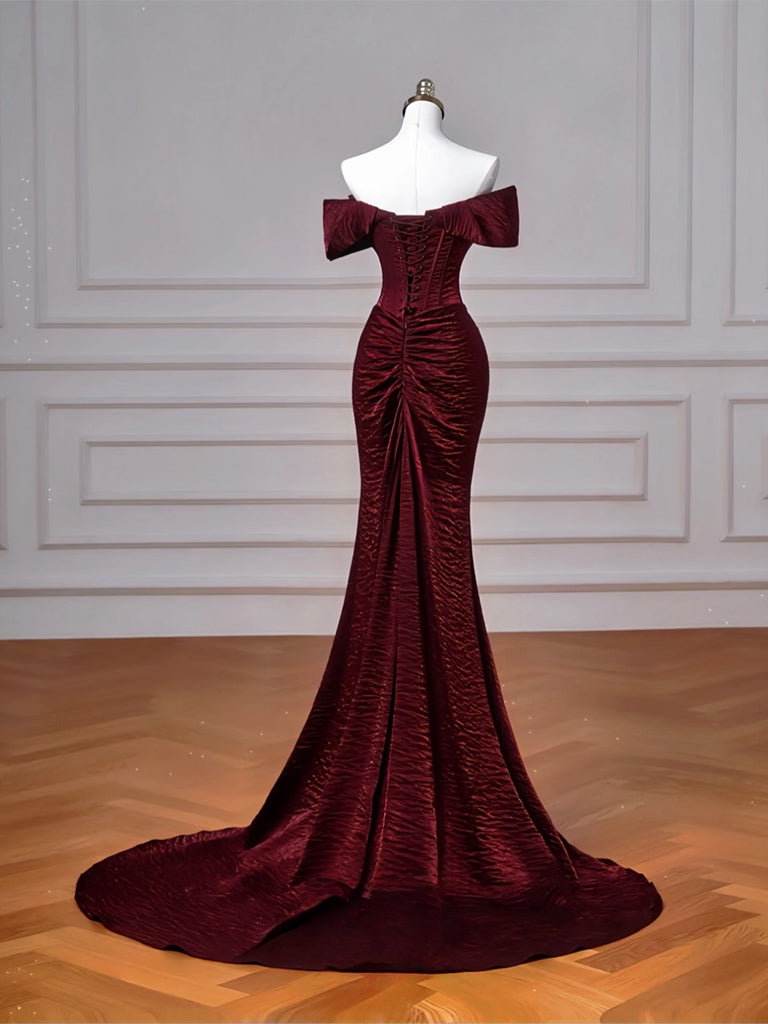Mermaid Off Shoulder Sweep Train Burgundy Long Prom Dress – shopluu