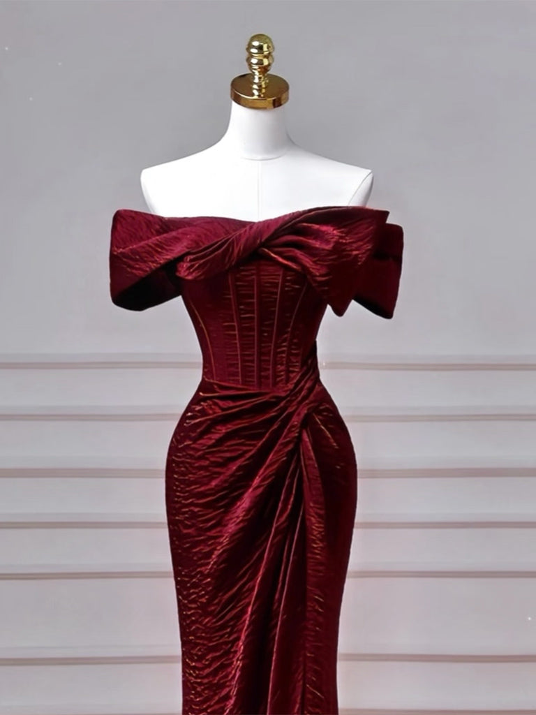 Mermaid Off Shoulder Sweep Train Burgundy Long Prom Dress