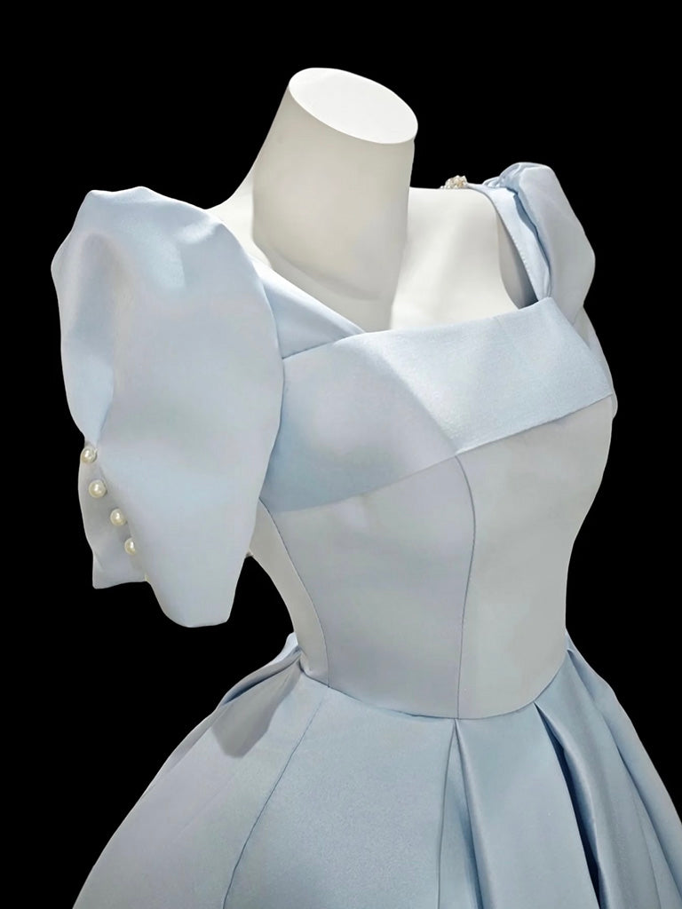 A-line Short Sleeves Satin Short Prom Dress With Beads