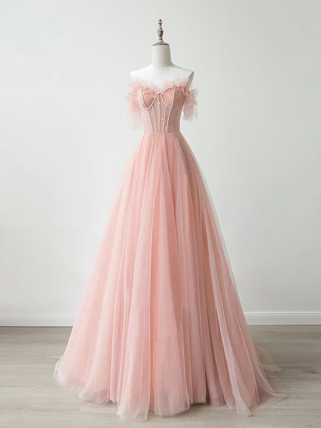 A-Line Sweetheart Neck Tulle Lace Pink Long Prom Dress, Pink Formal Dr – shopluu