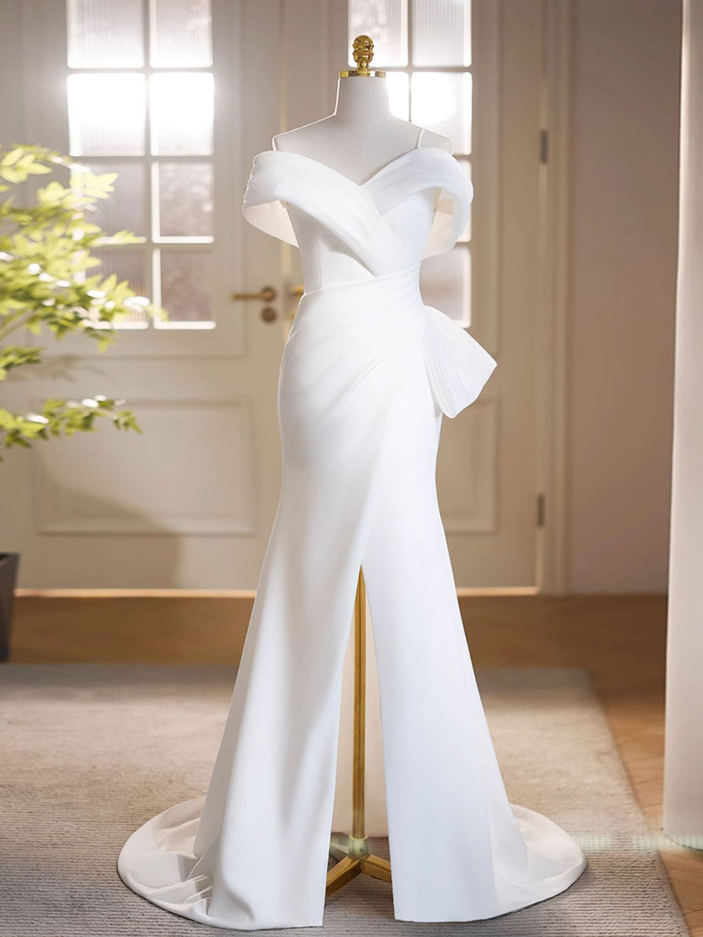 White Off Shoulder Satin Long Prom Dress, White Formal Dress