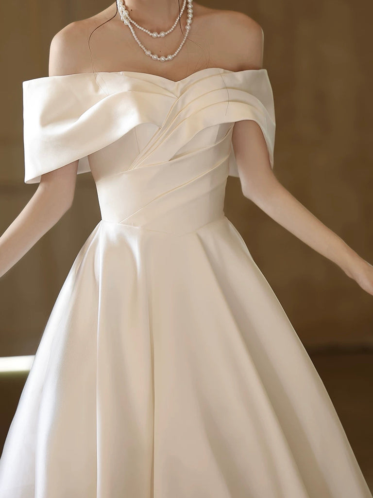 A-Line Off Shoulder Satin White Long Prom Dress, White Long Formal Dress