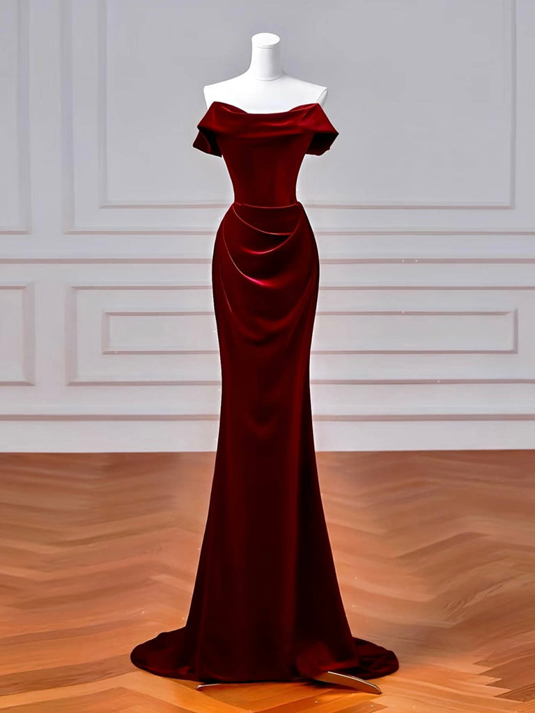 Mermaid Velvet Burgundy Long Prom Dress, Burgundy Long Formal Dress