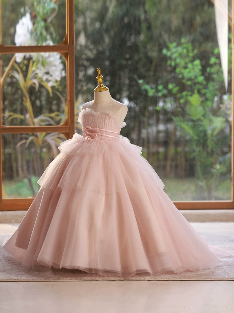 A-Line Pink Tulle Long Flower Girl Dress