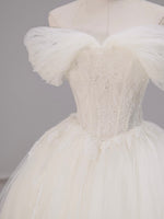 A-Line Off Shoulder Tulle Lace ivory Long Prom Dress, ivory Long Formal Dress