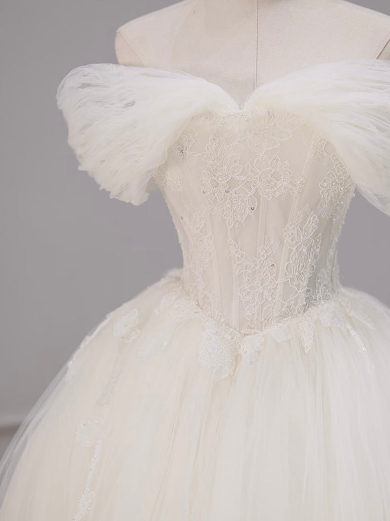A-Line Off Shoulder Tulle Lace ivory Long Prom Dress, ivory Long Formal Dress