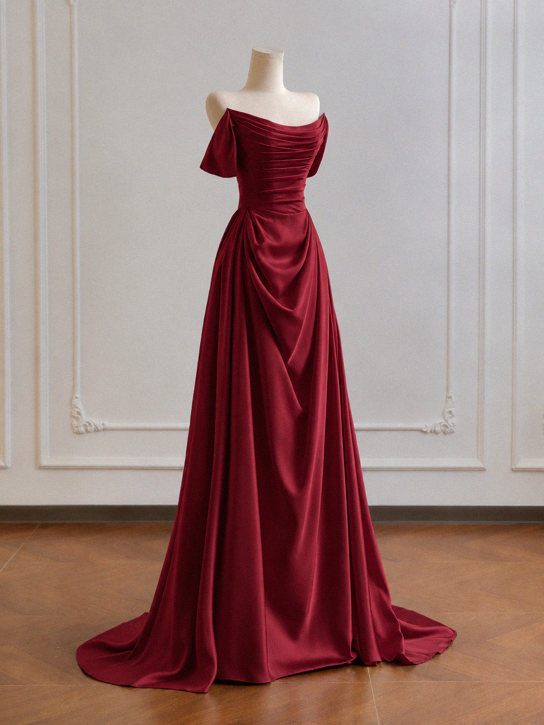 A-line Spoon Neck Off Shoulder Burgundy Long Prom Dress