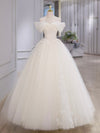 A-Line Off Shoulder Tulle Lace ivory Long Prom Dress, ivory Long Formal Dress