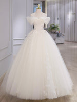 A-Line Off Shoulder Tulle Lace ivory Long Prom Dress, ivory Long Formal Dress