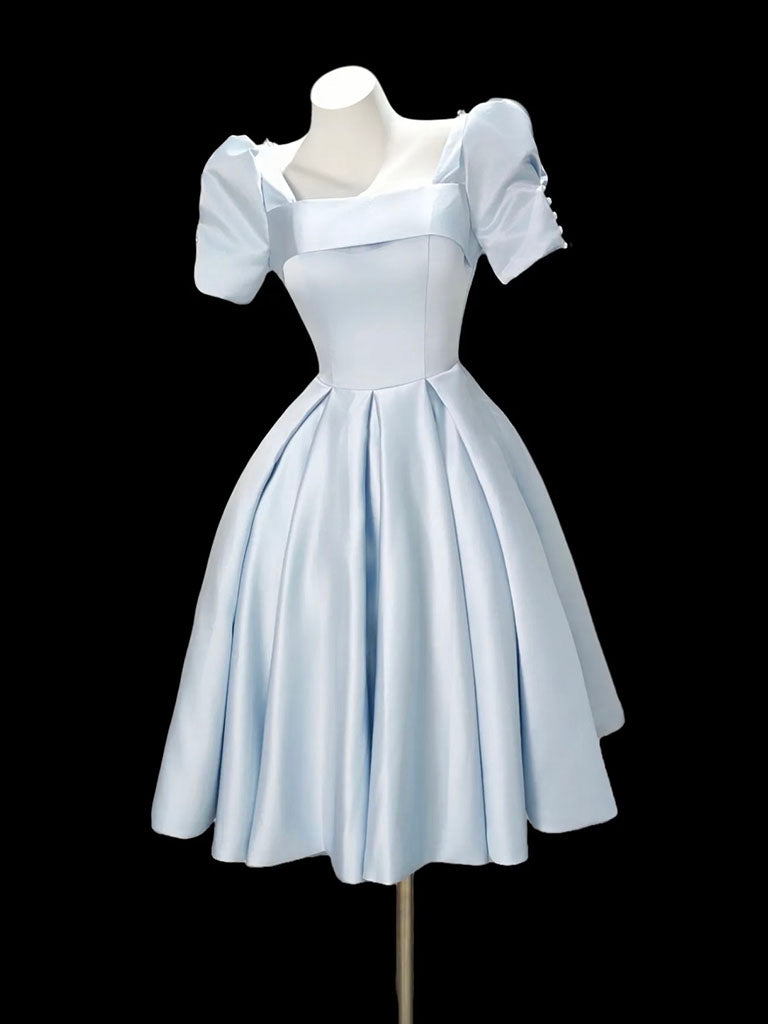 A-line Short Sleeves Satin Short Prom Dress With Beads