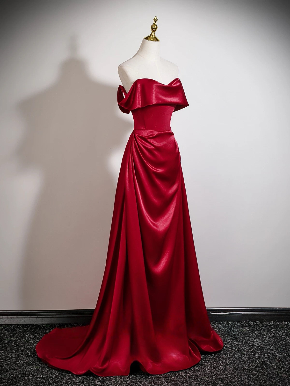 A-Line Sweetheart Neck Off Shoulder Satin Burgundy Long Prom Dress
