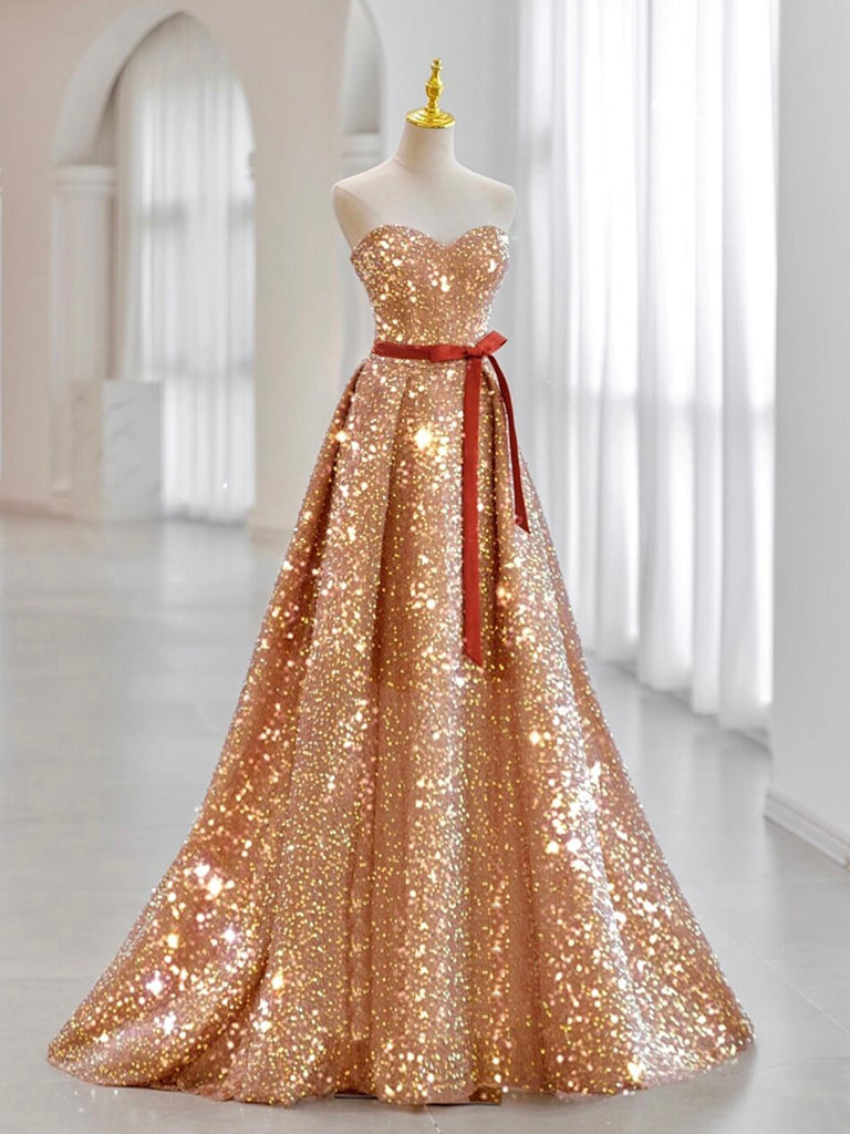 A-Line Sweetheart Neck Velvet Sequin Champagne Gold Long Prom Dress