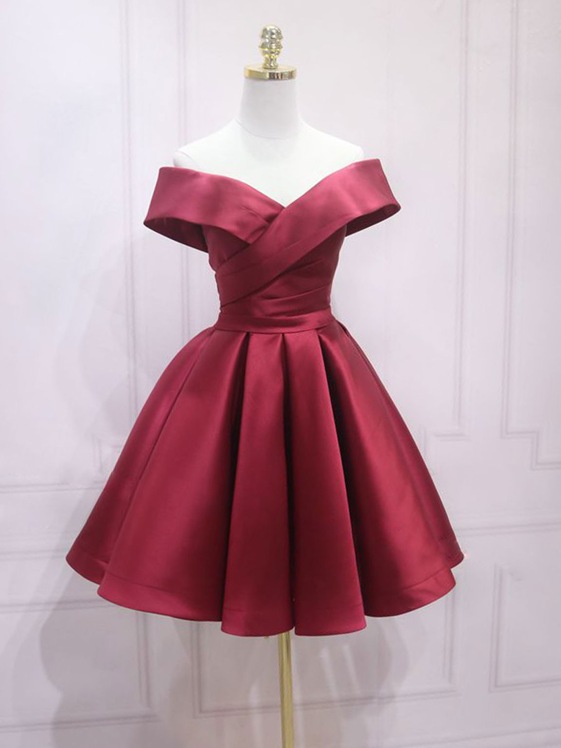 A-Line Off Shoulder Satin Burgundy Short Prom Dress, Burgundy Homecoming Dress US 8 / Burgundy A-Line Off Shoulder Satin Burgundy Short Prom Dress, Burgundy Homecoming Dress US 8 / Burgundy