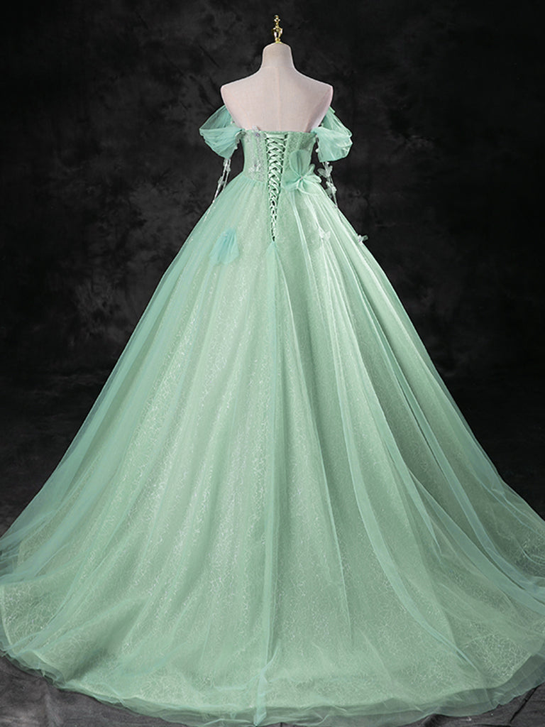 Green A-Line Off Shoulder Tulle Long Prom Dress, Green Long Formal Dress