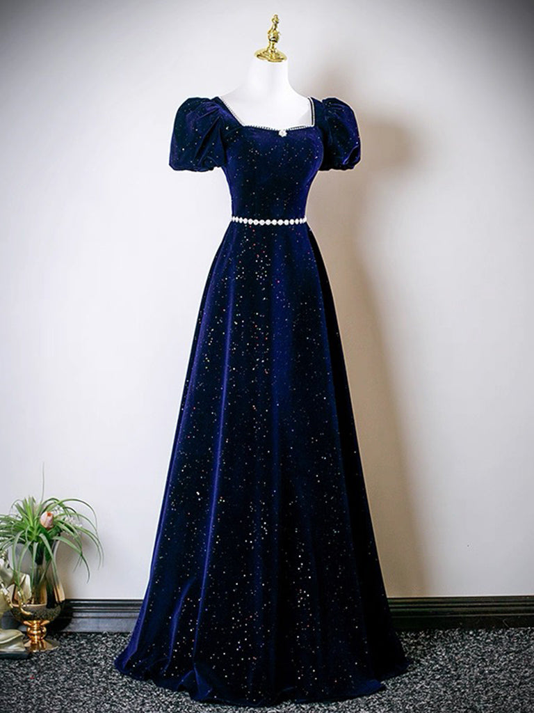 A-Line Puff Sleeves Floor Length Velvet Prom Dress With Beads
