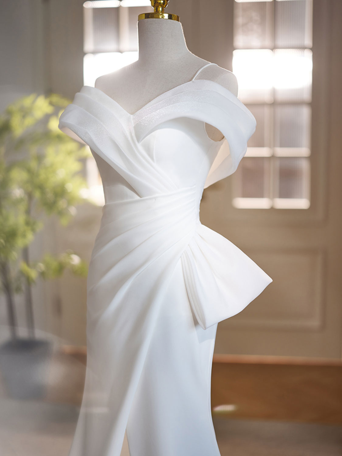 White Off Shoulder Satin Long Prom Dress, White Formal Dress