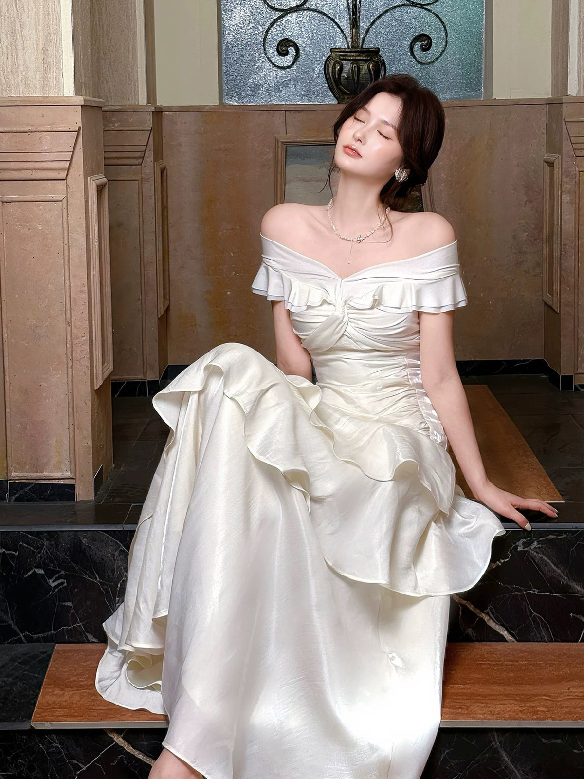 A-line Off Shoulder Off Shoulder Floor Length Light Champagne Prom Dress