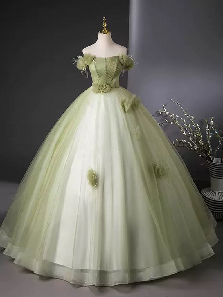 A-Line Off Shoulder Tulle Green Long Prom Dress, Green Long Evening Dress