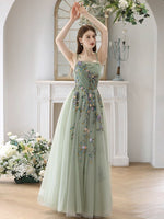 A-Line Tulle Sequin Lace Green Long Prom Dress, Green Long Formal Dress