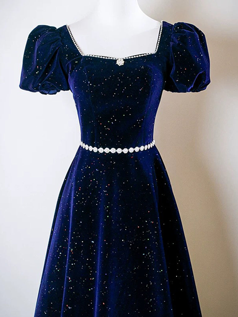 A-Line Puff Sleeves Floor Length Velvet Prom Dress With Beads