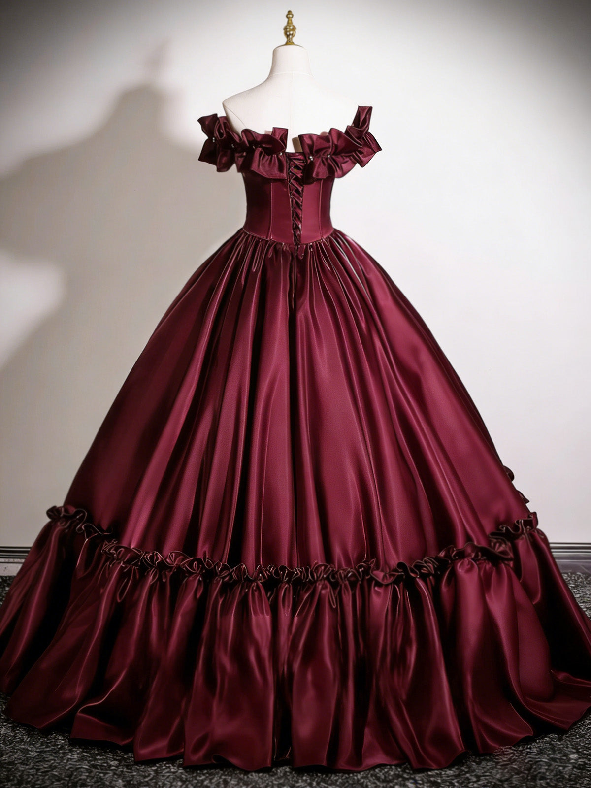 A-Line Off Shoulder Satin Floor Length Burgundy Prom Dress – shopluu