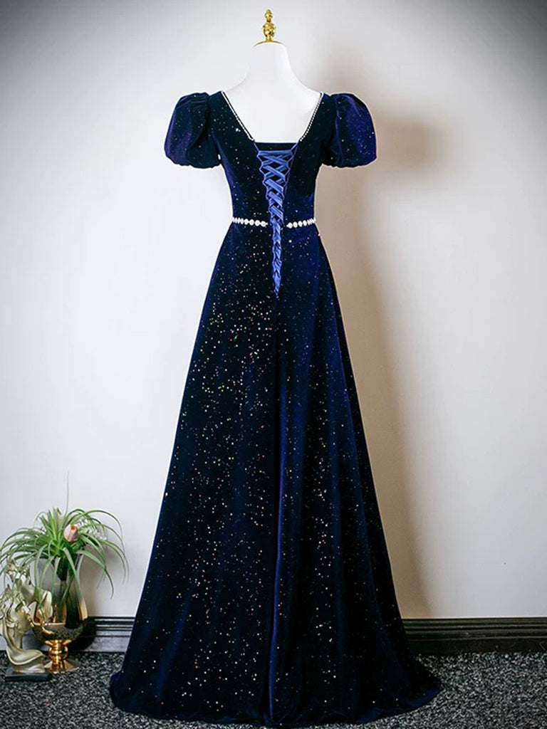 A-Line Puff Sleeves Floor Length Velvet Prom Dress With Beads