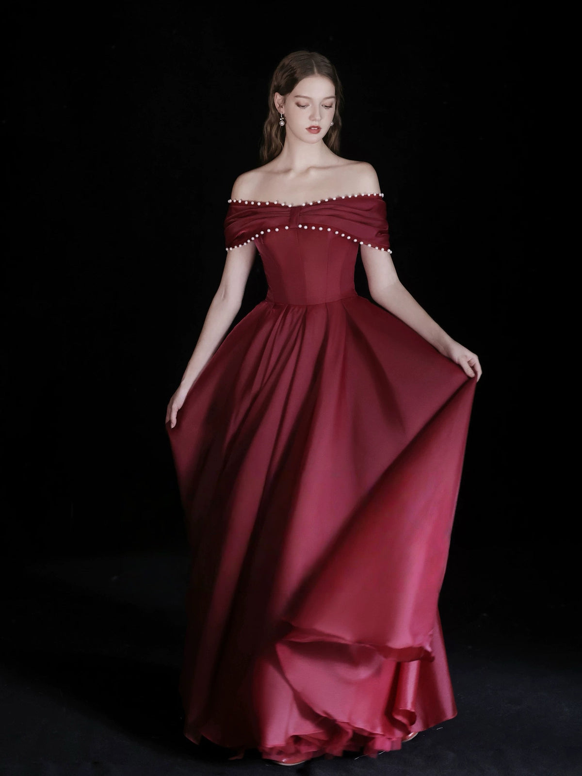 A-Line Off Shoulder Floor Length Burgundy Long Prom Dress with Beads