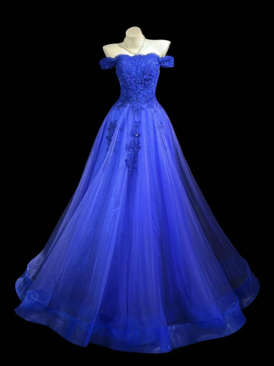 Elegant Off Shoulder Tulle Lace Blue Long Prom Dress with Lace Applique