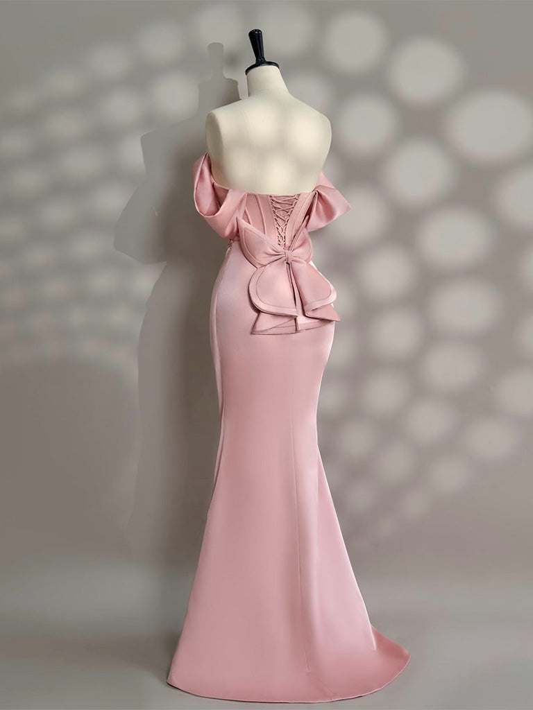Mermaid Off Shoulder Satin Floor Length Pink Prom Dress with Beads