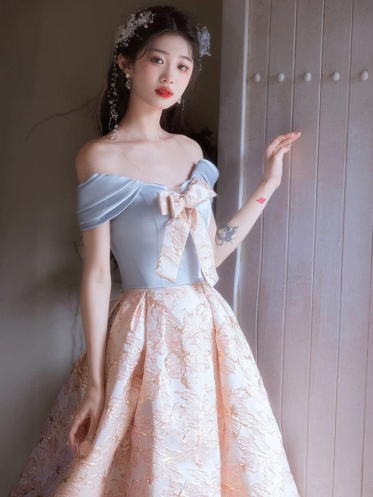 A-Line Off Shoulder Satin Pink Long Prom Dress, Pink Long Evening Dress