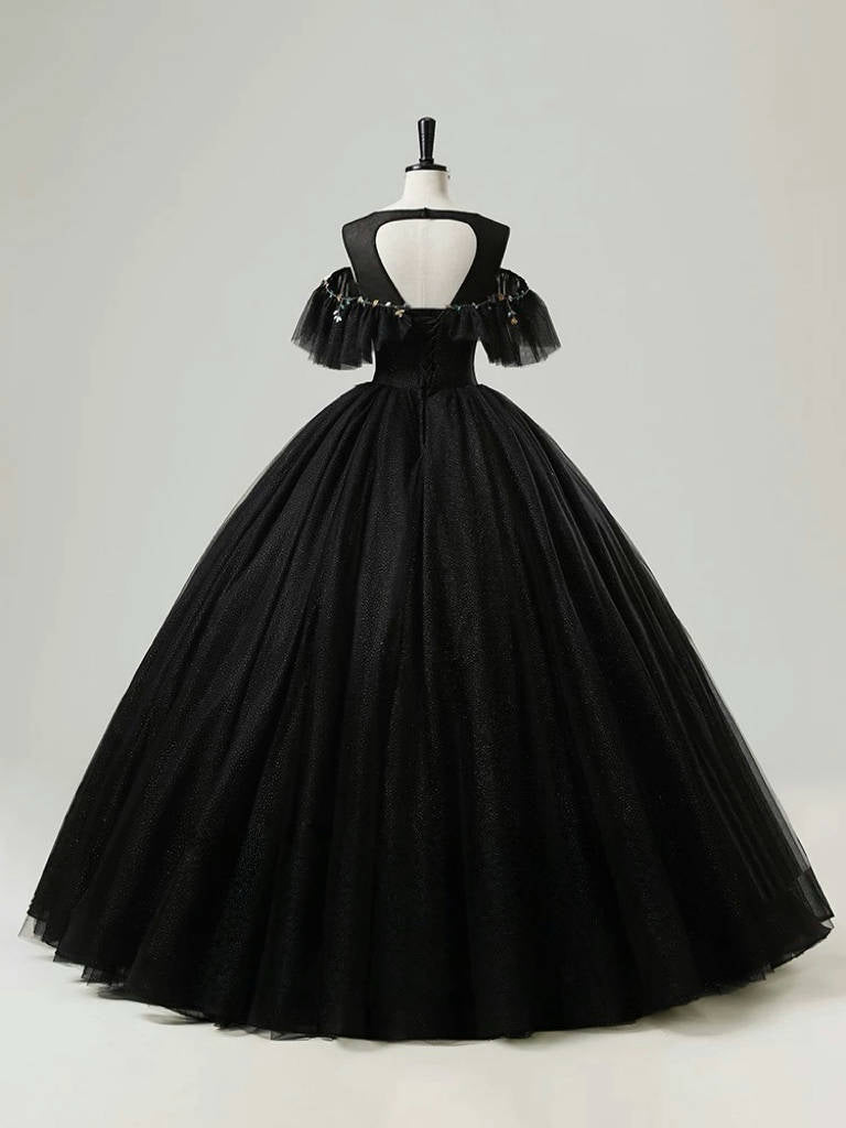 A-Line Round Neck Tulle Lace Black Long Prom Dress, Black Long Sweet 16 Dress