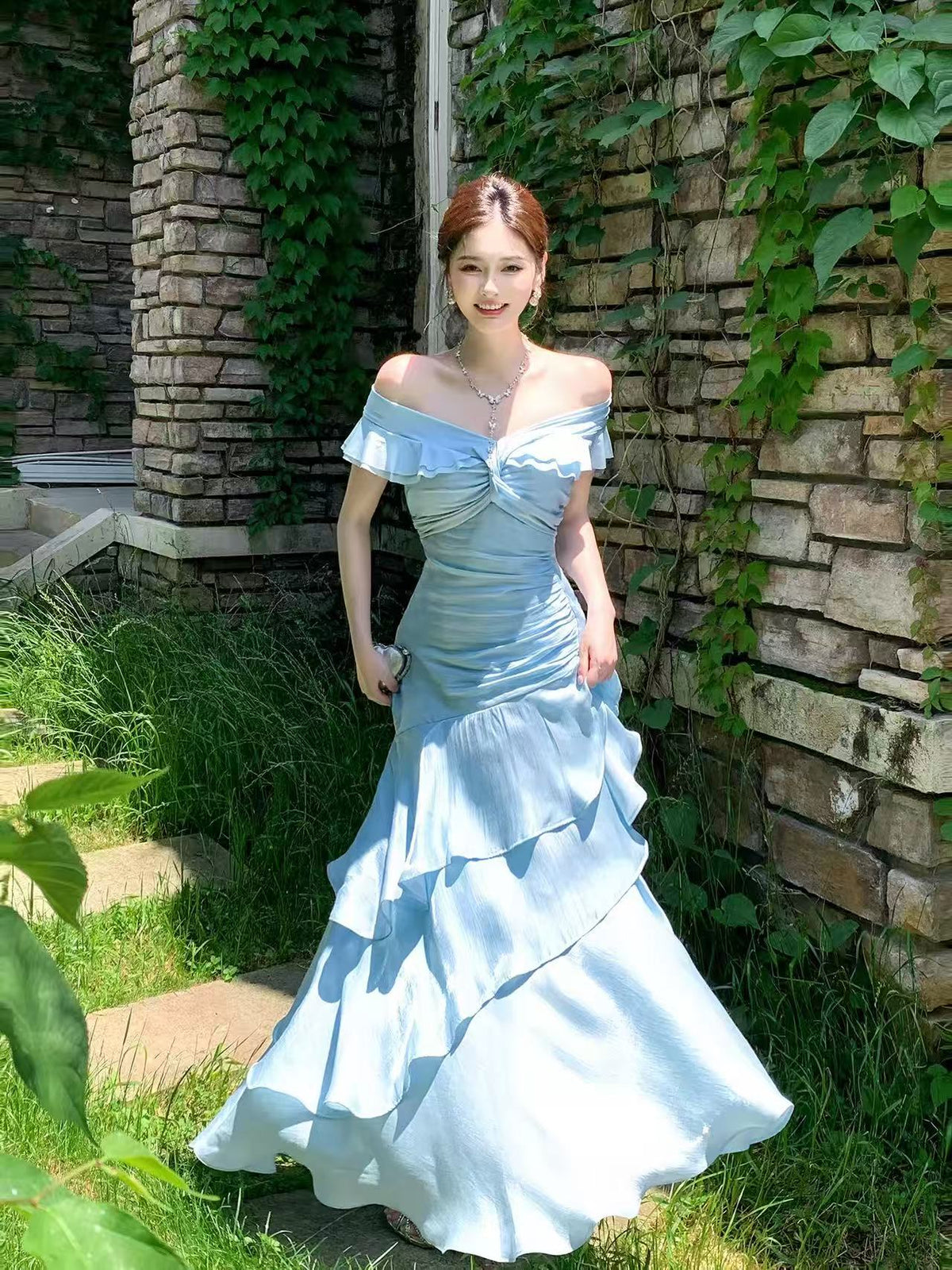 Mermaid Off Shoulder Silk Floor Length Blue Prom Dress, Blue Evening Dress