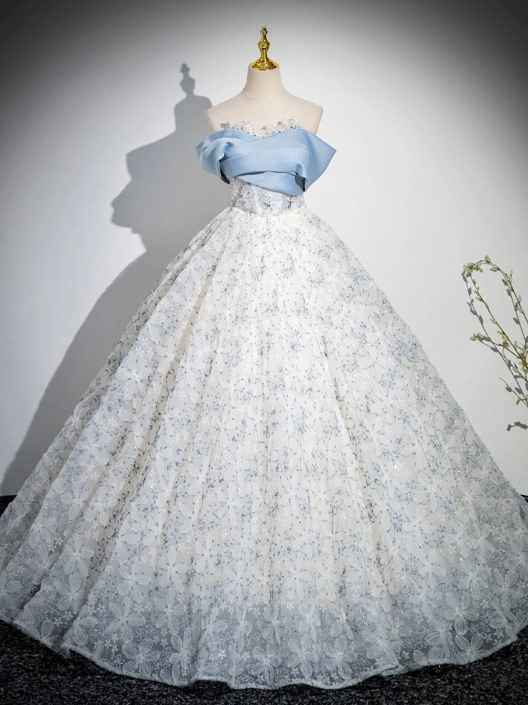 A-line Off Shoulder Tulle Lace Blue Long Prom Dress, Blue Long Formal Dress