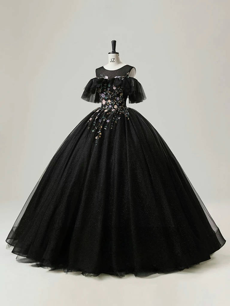 A-Line Round Neck Tulle Lace Black Long Prom Dress, Black Long Sweet 16 Dress