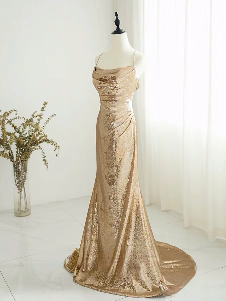 Champagne Backless Sequin Long Prom Dress, Sequin Champagne Long Eveni