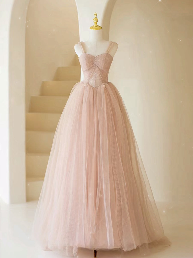 A-Line Sweetheart Neck Tulle Lace Long Pink Prom Dress, Pink Party Dress with Beads