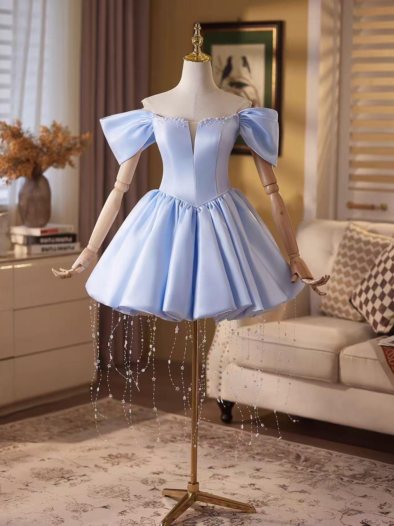 A-line Off Shoulder Satin Short Blue Prom Dress with Beads – shopluu