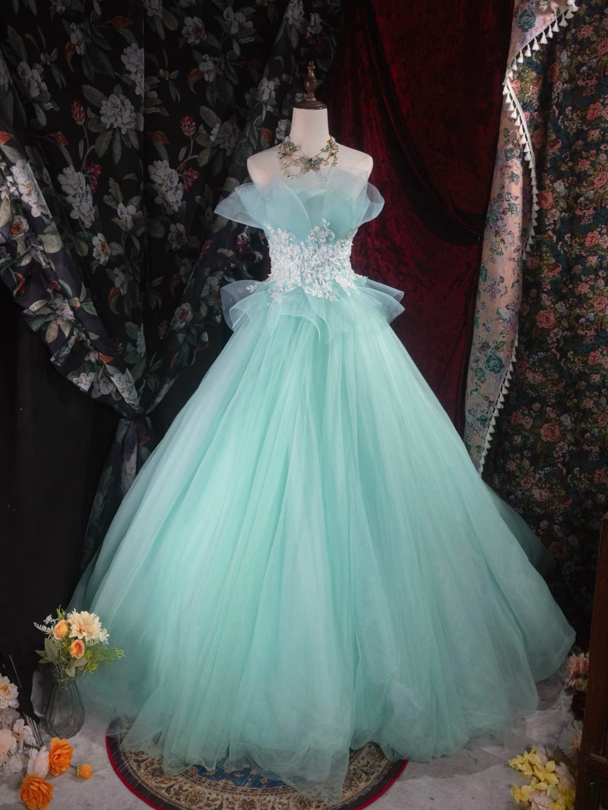 A-Line Floor Length Lace Tulle Blue Green Long Prom Dress